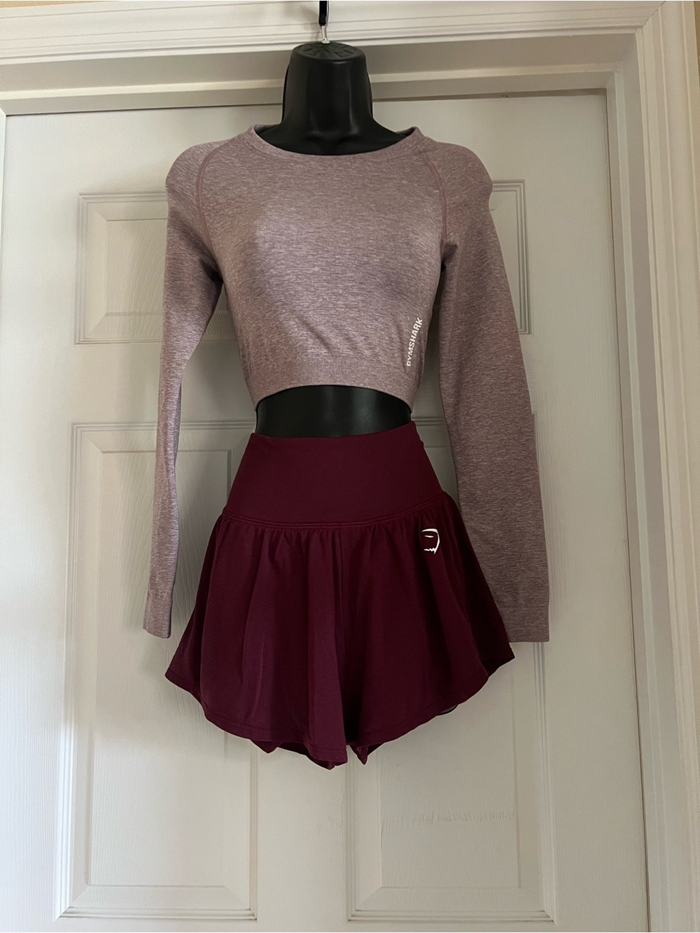 Gymshark Lilac Cropped Long Sleeve Top with Burgandy Gymshark  Shorts XS